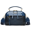 Navy blue square bag with crocodile pattern and wide logo strap in golden hardware - Blue