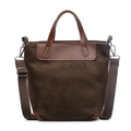Dark brown retro tote bag with leather handles and adjustable fabric strap on white background - Green
