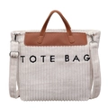 Schicke beige Cord-Einkaufstasche mit braunen Kunstledergriffen und TOTE BAG Stickerei - Gebrochenes Weiß