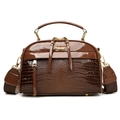 Brown square crossbody bag with faux crocodile pattern and golden fashion logo detail - Brown
