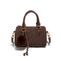 Borsa Boston retrò marrone scuro con ciondolo a pompon e tracolla regolabile - Caffè (Con Ciondolo)