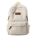 Minimalist beige corduroy backpack for students featuring leather zipper pulls and front pocket - White