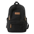 Minimalist black corduroy school backpack with large capacity and brown leather logo patch - Black