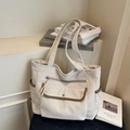 Grande borsa tote in velluto a coste crema con tasche multiple e finiture marroni chic - Bianco Sporco