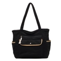 Vista frontal del bolso tote de pana negra con ribete marrón y múltiples bolsillos - Negro