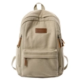 Minimalist beige corduroy backpack with leather label and front pocket for students - Khaki