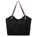 Minimalist black suede tote bag for women with contrasting brown leather shoulder straps - Black