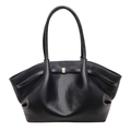 Minimalist black lychee pattern leather tote bag with gold buckle for women - Black