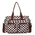 Borsa tote a scacchi marrone con tracolla regolabile e tasche portaoggetti - Marrone
