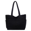 Minimalistische zwarte corduroy shopper met meerdere vakken voor dagelijks gebruik en werk - Zwart