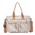 Borsa tote a scacchi beige e kaki con tracolla regolabile e tasche multiple frontali - Cachi