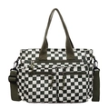 Borsa tote a scacchi verde e bianca in velluto a coste con tasche e tracolla - verde scuro