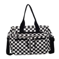 Black and white checkerboard corduroy tote bag with dual front pockets and adjustable strap - Black
