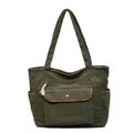 Bolso tote de pana verde militar con múltiples bolsillos y detalles en cuero marrón - Verde
