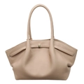 Minimalist beige pebble leather tote bag with wing design and gold buckle details - Khaki