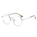 Ultralight silver octagonal titanium eyeglasses frame with olive green temple tips - Silver Green Frame