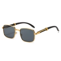 Retro square gold metal sunglasses with dark gray lenses and wood-patterned temples - Gold Frame Grey Lens
