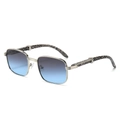 Vintage wood grain square sunglasses with blue gradient lenses and leopard print temples - Silver Frame Gray Blue Lens