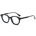 Retro oval sunglasses with black frames and blue light blocking lenses in 45-degree view - Black Frame Clear Lenses