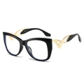 Cat eye sunglasses with black frame and golden hollow geometric curved metal temples - Glossy Black Frame / Clear Lenses