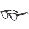 Retro-Sonnenbrille mit rundem schwarzem Rahmen, Blaulichtfilter und Nietendetails - Glänzend schwarzer Rahmen / Klare Gläser