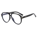 Classic black pilot aviator glasses with double bridge and golden stripe temple accents - Black Frame Clear Lens