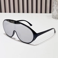 Oversized shield sunglasses with black frames and grey one-piece lenses for a futuristic look - Black Frame Silver Mirror Lens