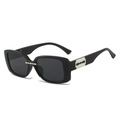 Black rectangular blade sunglasses with silver metal accents in a side 45-degree angle view - Black Frame Grey Lens