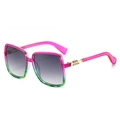 Oversized square sunglasses in pink to green gradient frame with gold H-accent - Rose Red Green Frame Double Gray Lenses