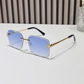 Rimless square sunglasses with blue gradient lenses and sparkling diamond trim - Regular / Standard (Incl. 13% VAT) Gradient Blue Lenses