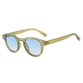Retro small round sunglasses with olive green frame and light blue gradient lenses - Translucent Green Frame Blue Lens