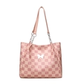 Pink checkered tote bag for women featuring a silver butterfly logo and chain handles - Pink