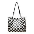 Black and white checkerboard tote bag with silver butterfly and kmJm monogram print - Black