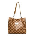 Brown checkerboard tote bag with silver butterfly charm and chain shoulder strap - Brown