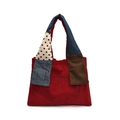 Borsa tote in velluto a coste rosso retrò con tracolla patchwork e ricamo circolare - Rosso