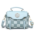 Light blue plaid handbag with kmJm lettering and round petal-shaped metal buckle - Blue