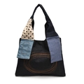 Borsa tote patchwork retrò con corpo in denim e cuciture arancioni e manici colorati - Nero