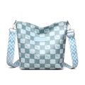 Borsa tote a scacchi azzurra con motivi a orsetto e ampia tracolla in tessuto jacquard - Blu