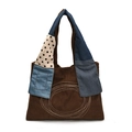 Borsa tote marrone in velluto a coste con manici patchwork e ricamo ovale bianco - Marrone