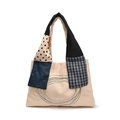 Borsa tote in velluto a coste beige con manici patchwork e cerchi ricamati neri - Bianco Sporco