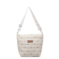 Cream quilted tote bag with brown bow embroidery and adjustable patterned strap - Off White