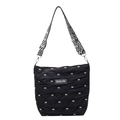 Black quilted tote bag with white bow embroidery and adjustable patterned wide shoulder strap - Black