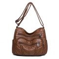 Sac bandoulière en cuir PU marron avec trois poches zippées et détails de tissage - Marron