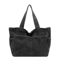 Vintage large-capacity black denim tote bag with functional pockets and side label - Black