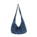 Vintage checkered denim crossbody bag with distressed fringe edges in blue tones - Light Blue
