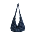 Fringed denim checkerboard shoulder bag with spacious interior and retro hobo style - Dark Blue