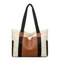 Bolso tote de nailon acolchado en blanco crema con panel de cuero marrón y asas negras - Blanco Roto