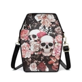 Sargförmige Umhängetasche mit Totenkopf und Rosen-Druck im schwarzen Gothic-Stil - Blumen-Skelett