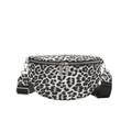 Leopard print waist bag with dual zippers and adjustable black canvas strap on white background - Black