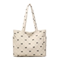 Borsa tote in velluto a coste beige con trapuntatura a rombi e piccoli fiocchi neri - Bianco